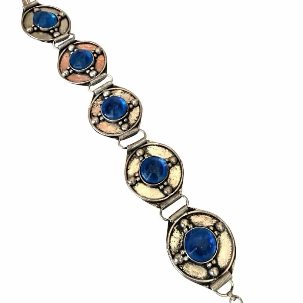 Vintage Tibetan Style Blue Art Glass Link Bracelet